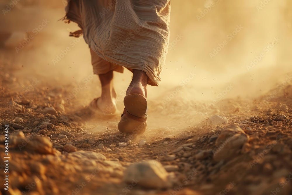 Obraz premium closeup of jesus walking on dusty path to jerusalem biblical narrative scene