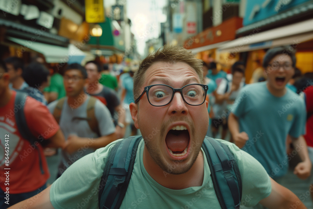 Excited man with backpack in a bustling market street Excited man with backpack in a bustling market street