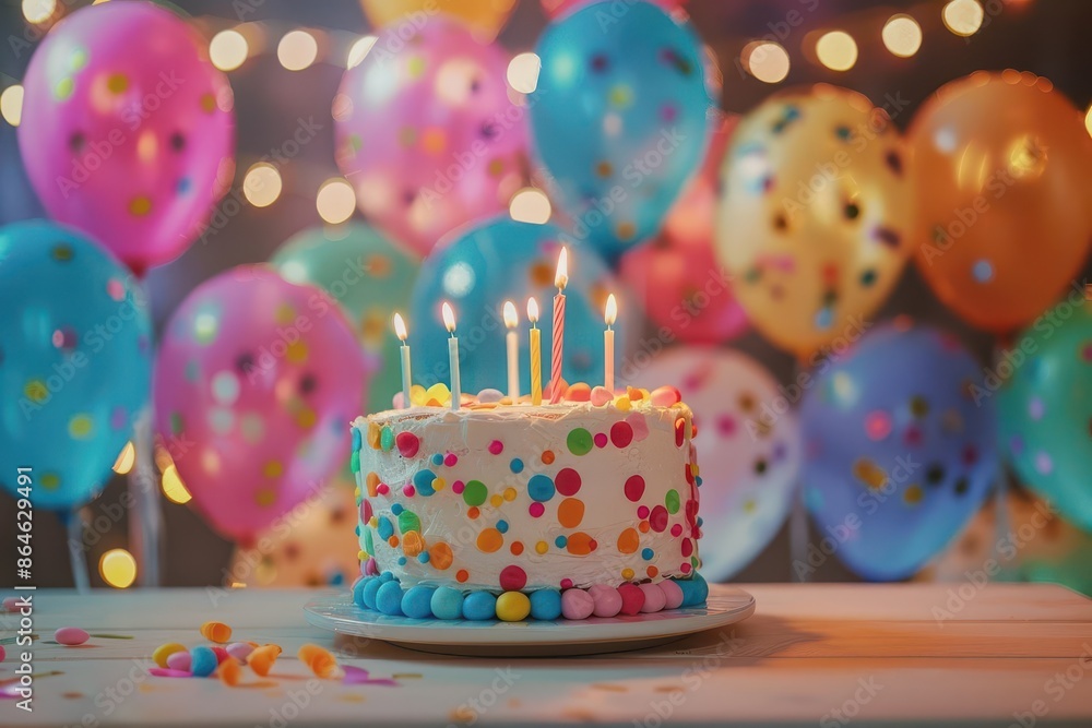 colorful birthday party with balloons cake and candles festive celebration background colorful birthday party with balloons cake and candles festive celebration background