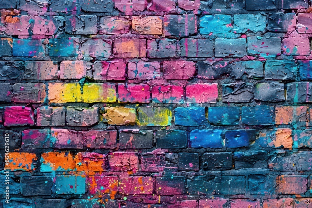 Fototapeta premium colorful brick wall with various paint splatters and drips creative background for art studios or urban spaces interior photography