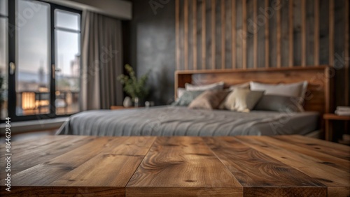 Empty wooden table in bedroom with blur bed in background