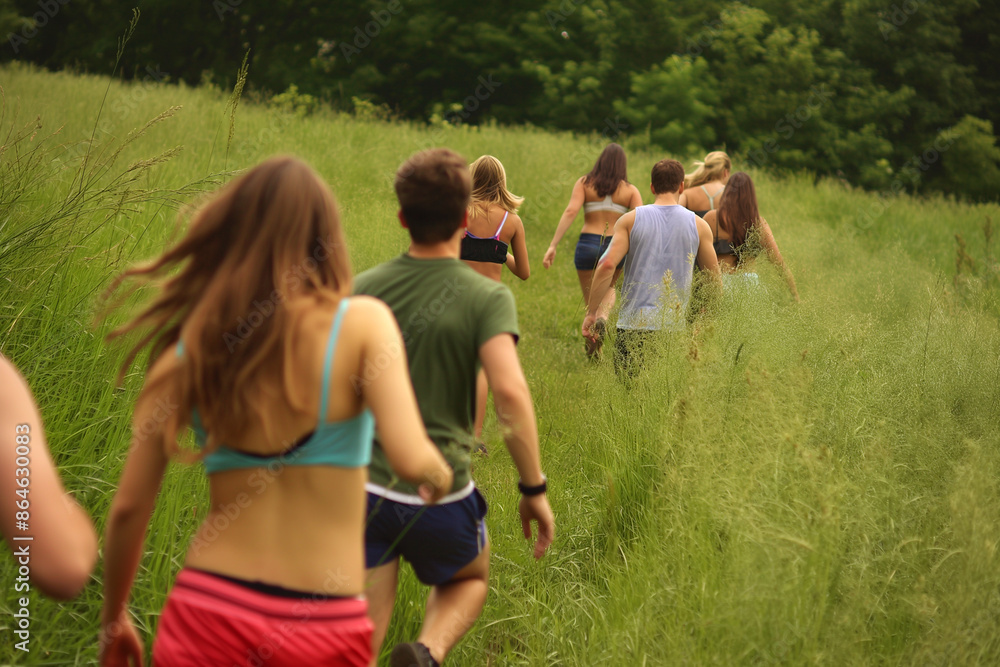 Fototapeta premium Group of young people walking through a grassy field