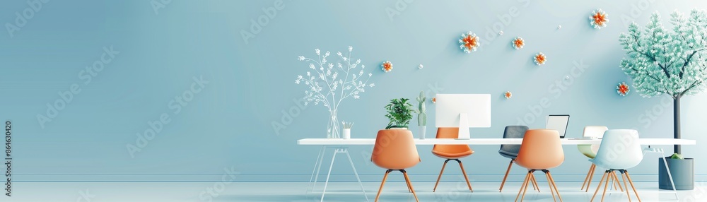 Modern, minimalist office with desks, chairs, plants, and wall decor in pastel tones, creating an inspiring and serene working environment. Modern, minimalist office with desks, chairs, plants, and wall decor in pastel tones, creating an inspiring and serene working environment.