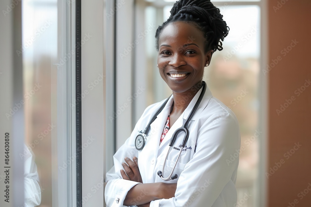 confident african american female doctor with arms crossed smiling in hospital window professional healthcare portrait confident african american female doctor with arms crossed smiling in hospital window professional healthcare portrait