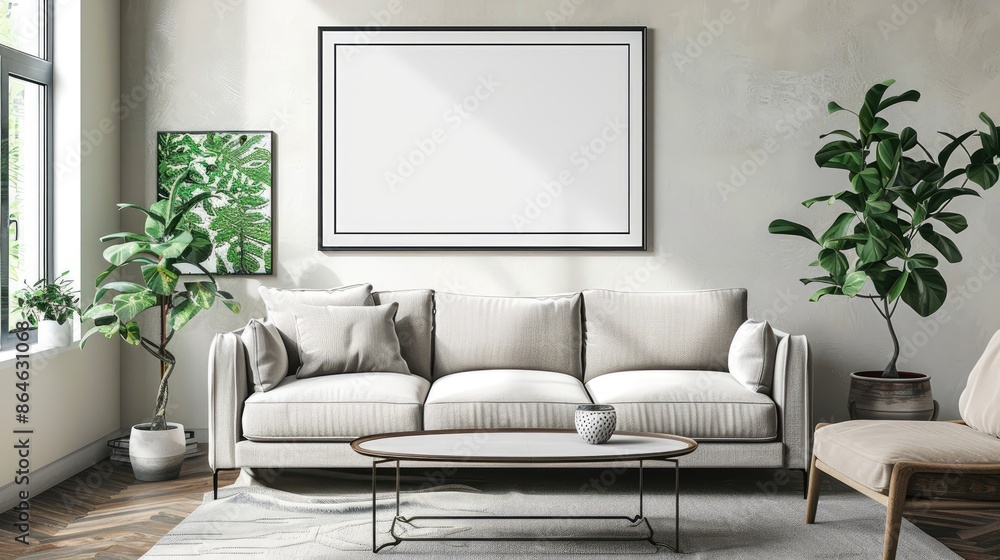 A white couch sits in front of a large blank wall. The room is decorated with potted plants and a coffee table. The atmosphere is calm and inviting, with the white couch A white couch sits in front of a large blank wall. The room is decorated with potted plants and a coffee table. The atmosphere is calm and inviting, with the white couch