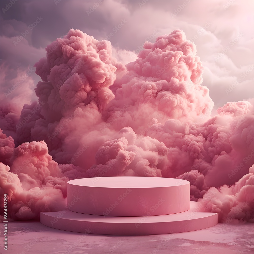 Pink round platform set against a backdrop of dreamy pink clouds, creating a serene and elegant setting perfect for product displays and artistic visuals Pink round platform set against a backdrop of dreamy pink clouds, creating a serene and elegant setting perfect for product displays and artistic visuals