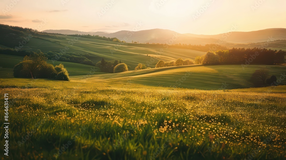 Fototapeta premium Golden Hour Landscape Photography of Rolling Hills and Meadows for Nature and Travel Marketing