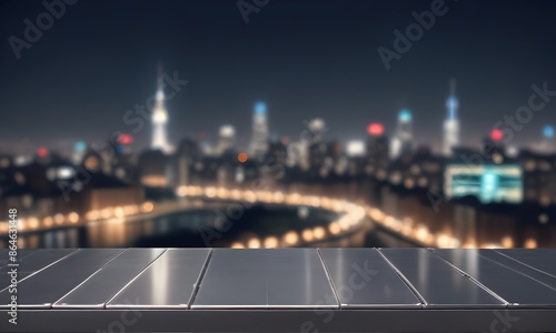 Metal table in front of blurred city lights at night