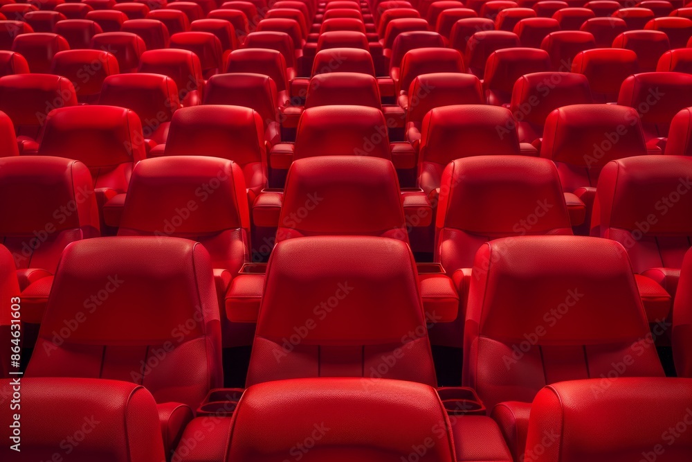 Fototapeta premium Movies and cinema, architecture concept. Abstract background of empty cinema theater red seats