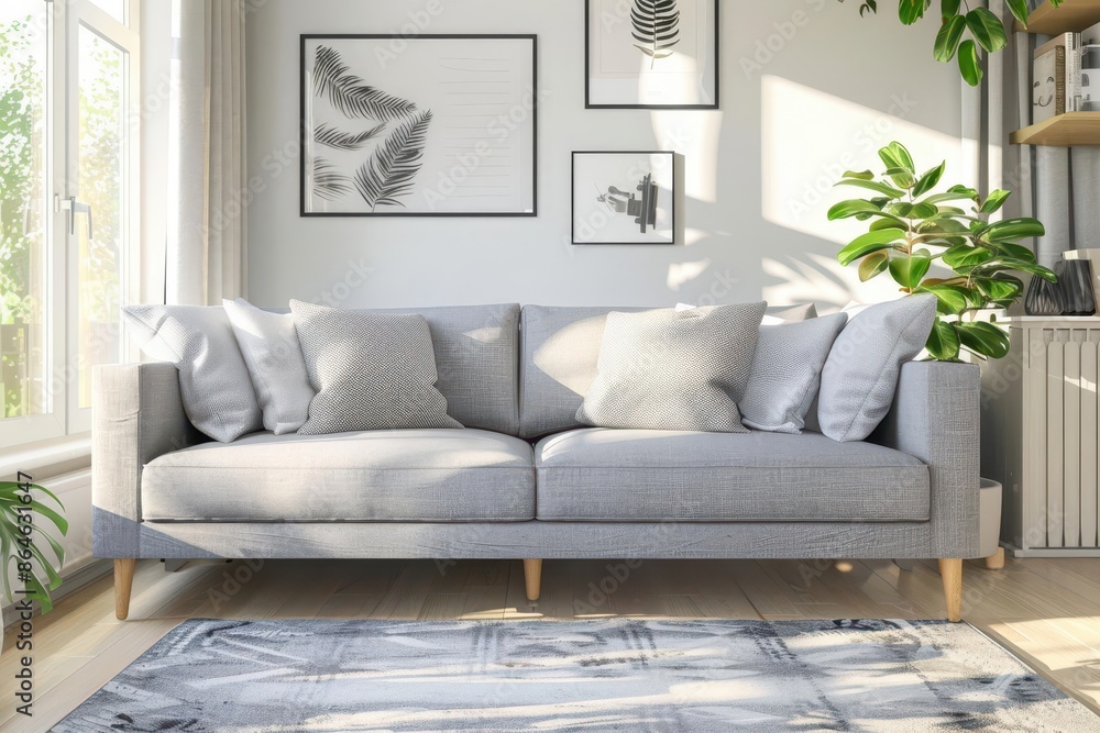 Fototapeta premium cozy scandinavian living room interior inviting gray sofa with plush cushions 3d render