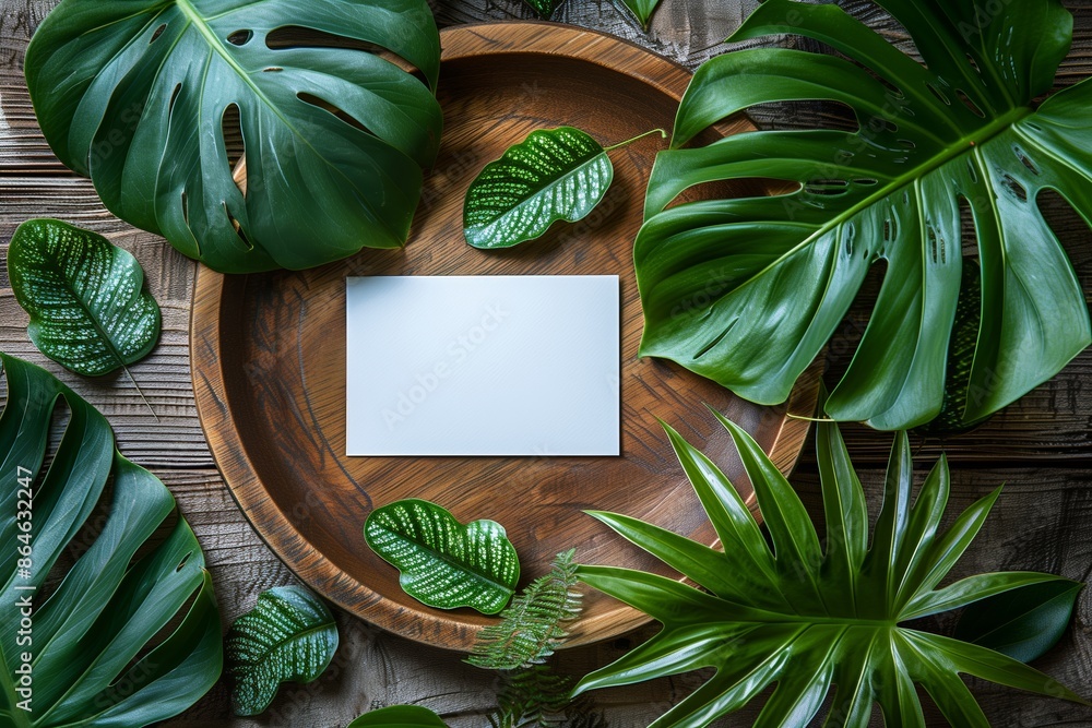 Fototapeta premium Tropical Business Card Mockup on Wooden Plate