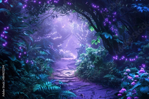 Enchanted Forest Path with Glowing Lights - Fantasy Nature Background for Storytelling and Game Design
