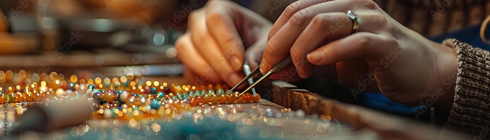 A person making jewelry, beads and tools in focus A person making jewelry, beads and tools in focus