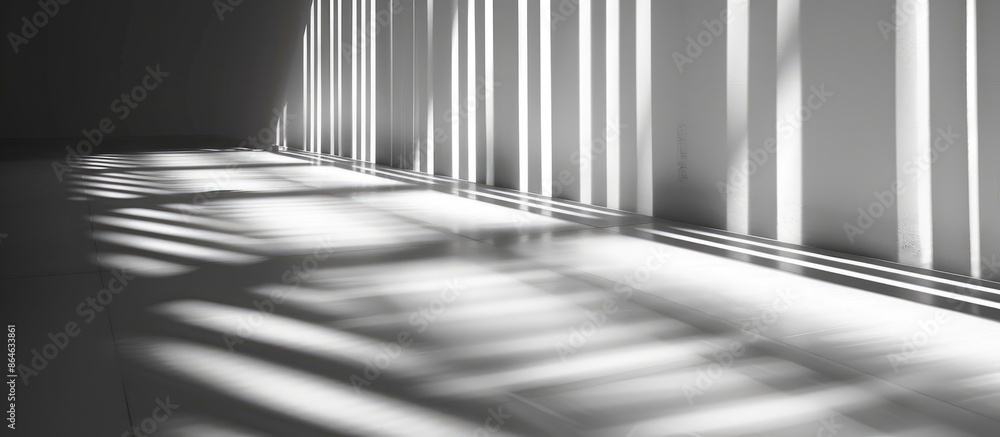 Abstract background of gray shadows and light blending on a white wall through a window. Architectural stripes casting dark shadows indoors, creating a monochrome black and white room ambiance. Abstract background of gray shadows and light blending on a white wall through a window. Architectural stripes casting dark shadows indoors, creating a monochrome black and white room ambiance.
