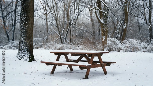 A lonely wooden picnic table sits in a snowy forest. The snow is falling heavily, and the trees are bare. photo