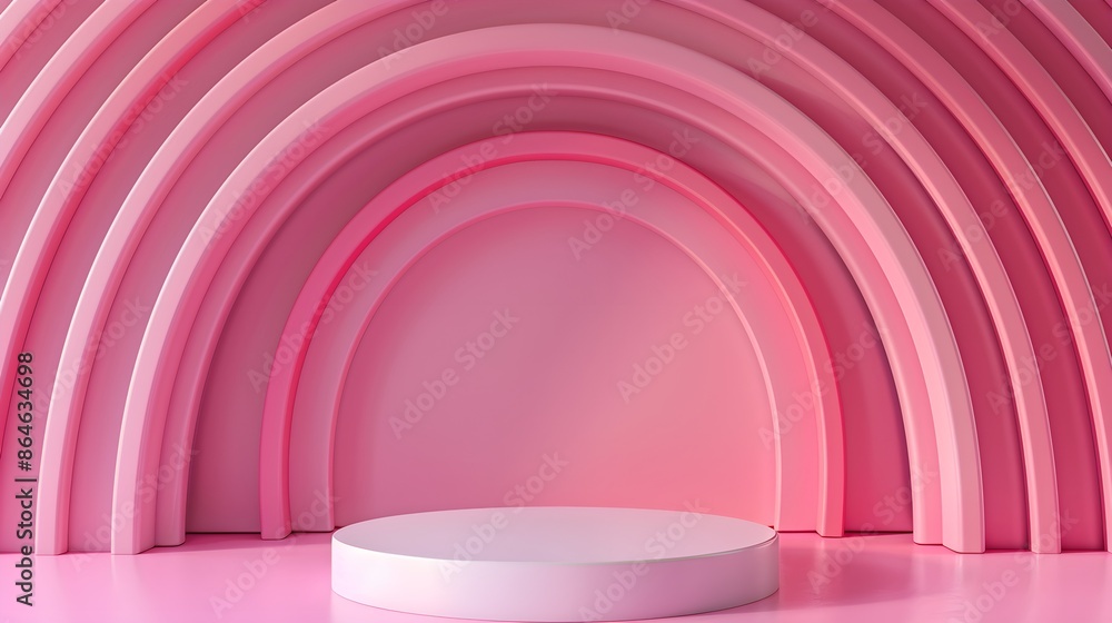 Obraz premium White podium with circular striped line arches on a pink background. Minimalist design concept for modern product display and promotional marketing