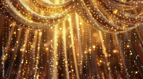 Golden Glitter Curtains Opening to Reveal Bokeh Lights