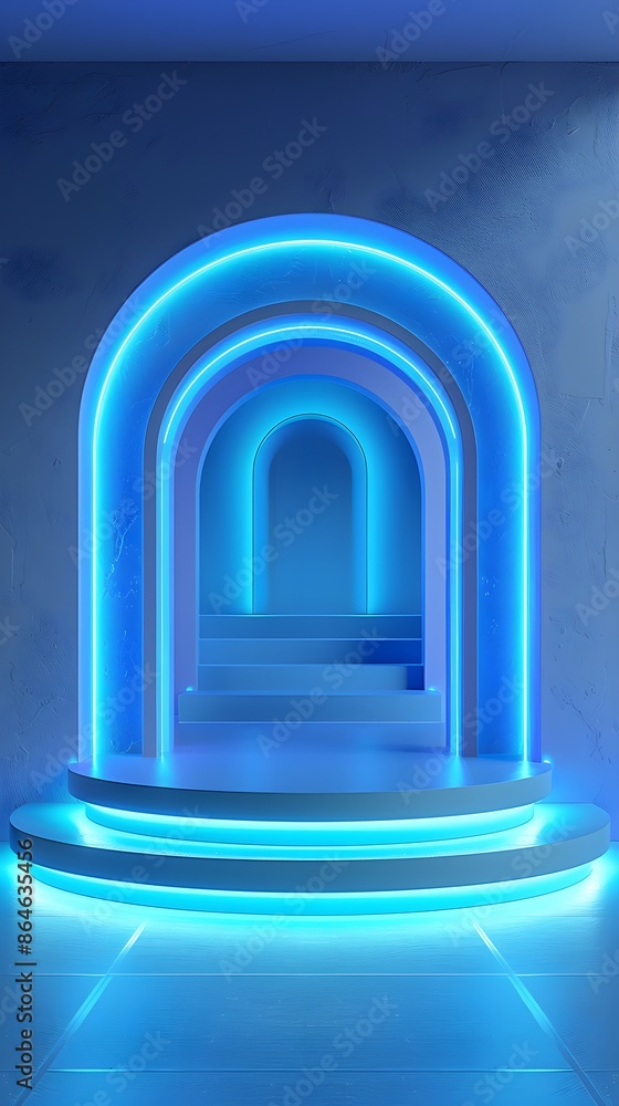 Neon light blue podium on blue background. Minimal scene Neon light blue podium on blue background. Minimal scene