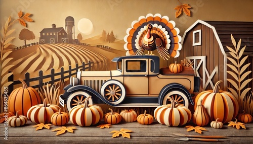 Paper Style Thanksgiving with Vintage Car and Pumpkins
