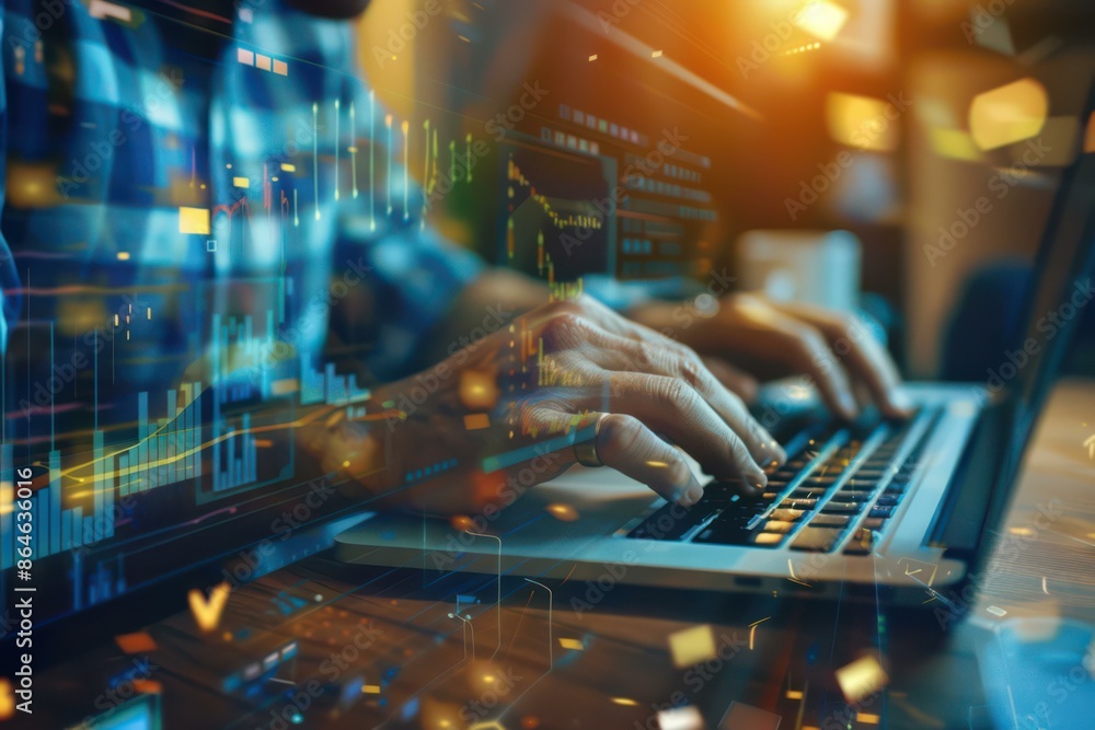 Business Professional Analyzing Data on Laptop in Modern Office with Digital Interface Overlay Business Professional Analyzing Data on Laptop in Modern Office with Digital Interface Overlay