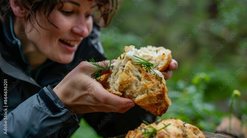 A woman taking a bite out of a freshly baked wild herb and cheese scone on a tree stump. A woman taking a bite out of a freshly baked wild herb and cheese scone on a tree stump.