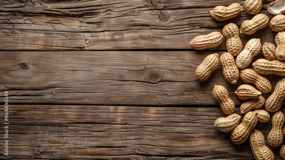 Peanuts with shells removed on wooden surface with empty space for text Peanuts with shells removed on wooden surface with empty space for text