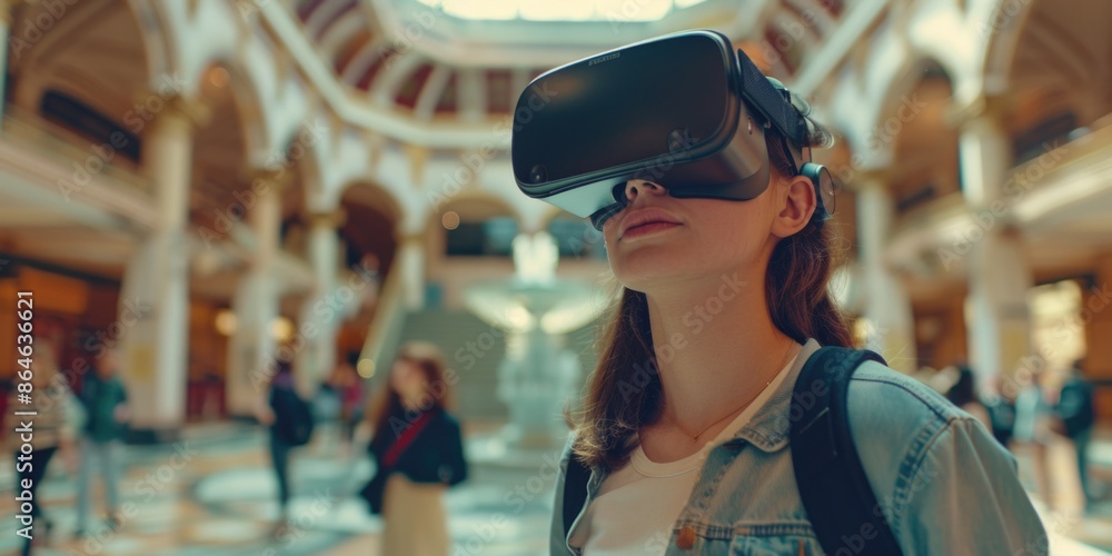 A woman wears a virtual reality headset while shopping in a mall A woman wears a virtual reality headset while shopping in a mall