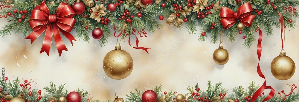 Christmas Decorations Background with Red Bows and Gold Ornaments Christmas Decorations Background with Red Bows and Gold Ornaments