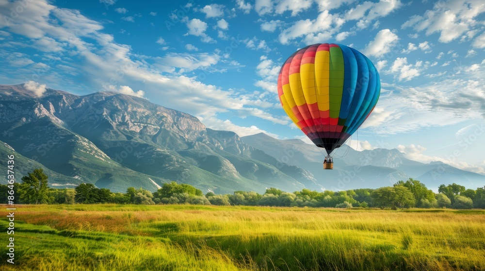 Fototapeta premium A hot air balloon floats over a field with a mountain range in the distance