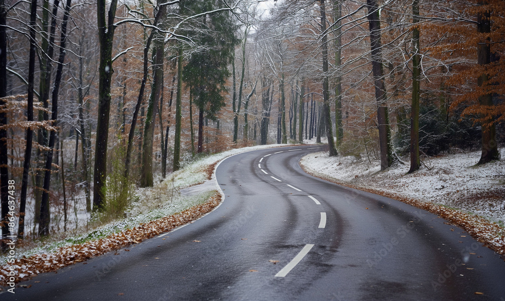Fototapeta premium A snowy road with trees in the background