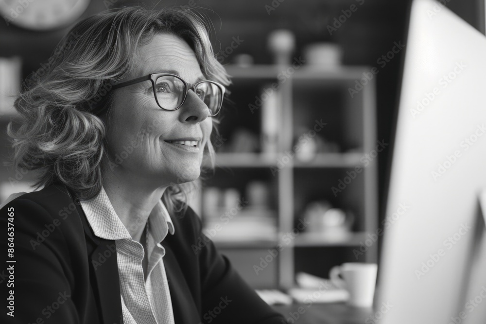 A woman sits at a desk with a laptop open, likely working or studying