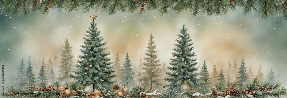 Obraz premium Seasonal Christmas Decorations in a Snowy Scene with Evergreen Trees, Sky Background, and Holiday Themes