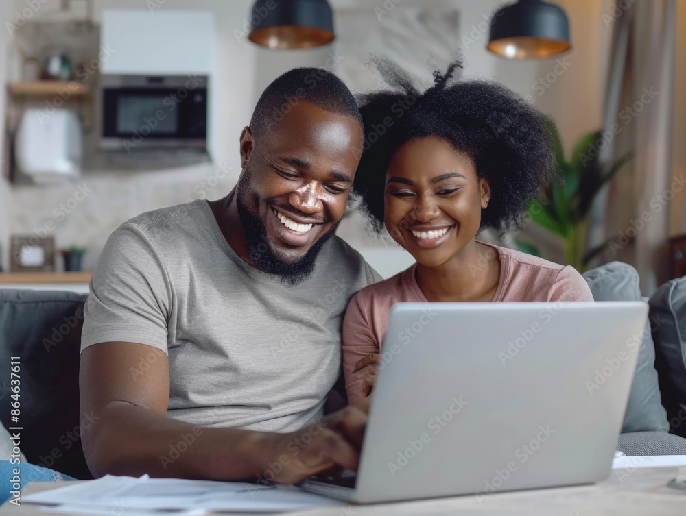 A couple sits together on a couch, both looking at a laptop screen A couple sits together on a couch, both looking at a laptop screen