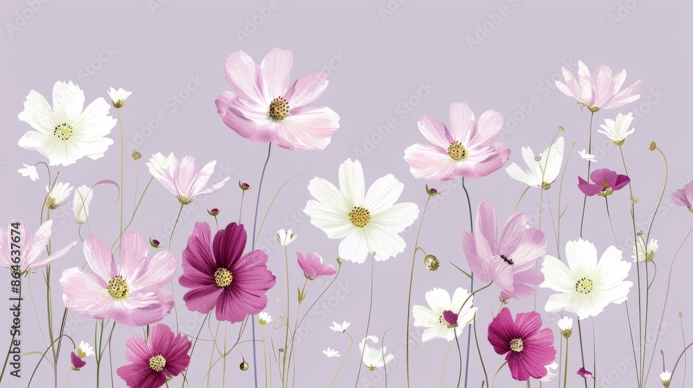 Fototapeta premium illustration of pink, white, and purple cosmos flowers on a lilac background
