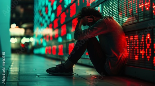 A lone figure sits despondently in front of a wall of flickering red lights