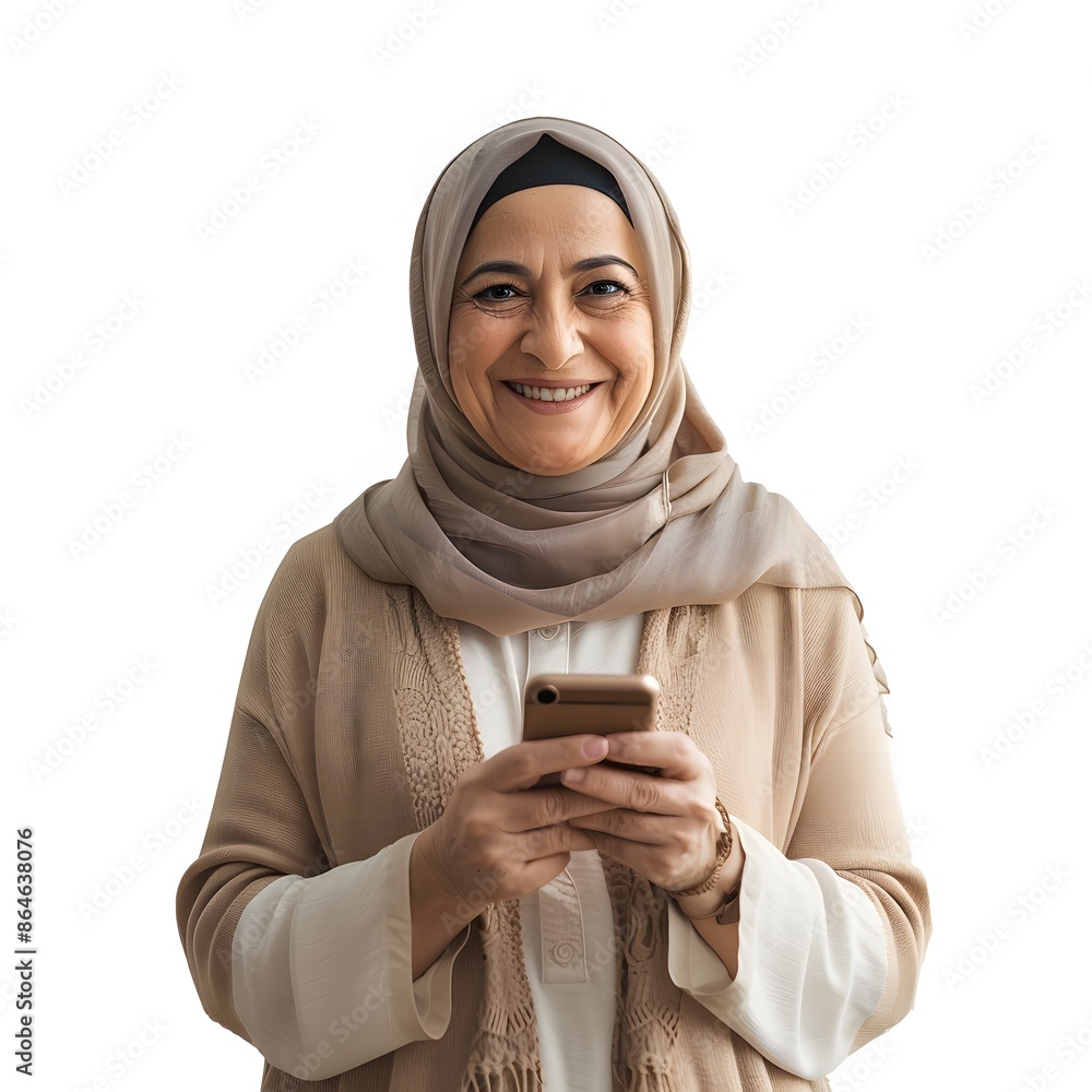 Elderly Arabic Woman Smiling with Phone on White Background Elderly Arabic Woman Smiling with Phone on White Background