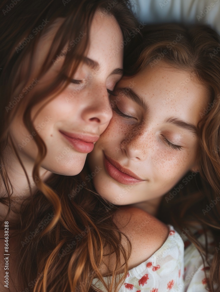 Two young women relaxing in bed, cuddling and asleep Two young women relaxing in bed, cuddling and asleep