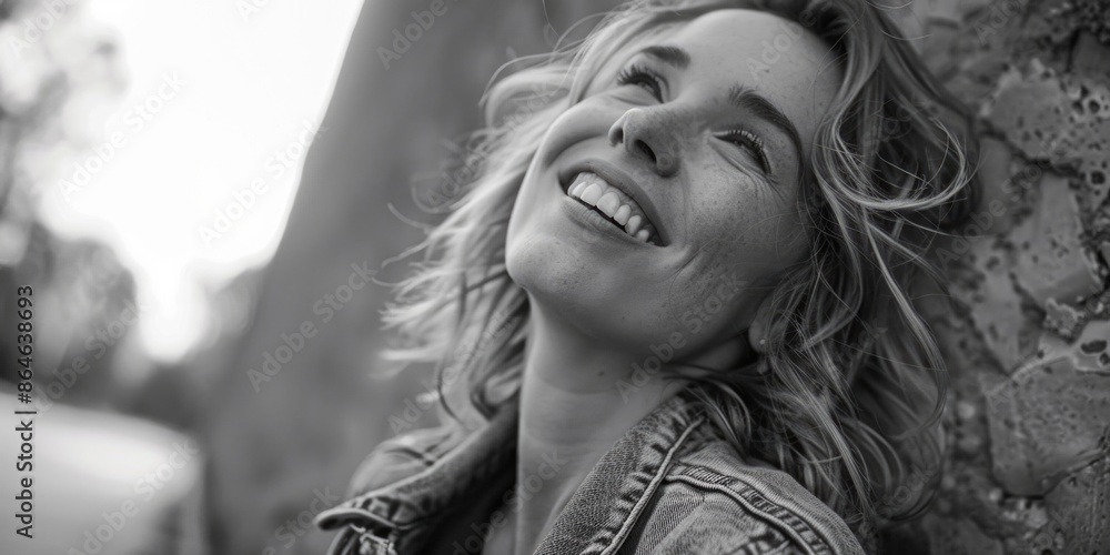 A black and white portrait of a happy woman with a bright smile A black and white portrait of a happy woman with a bright smile