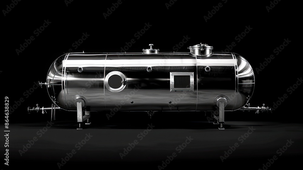 A large silver tank with a black background. The tank is made of metal and has a window on the side A large silver tank with a black background. The tank is made of metal and has a window on the side