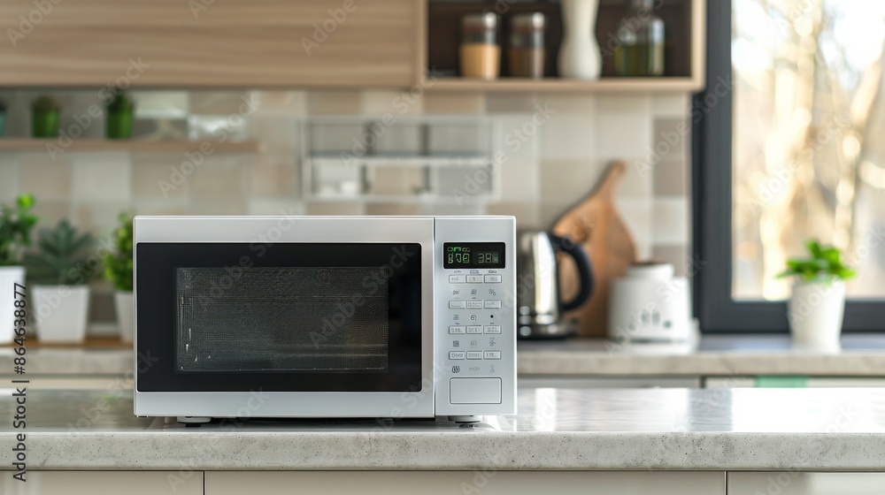 A microwave oven sits on a kitchen counter A microwave oven sits on a kitchen counter