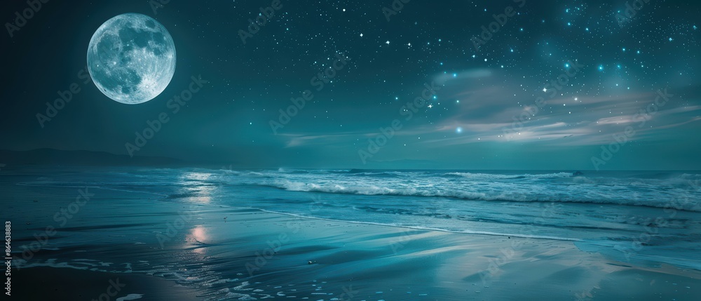 Panoramic Photo of Serene Night Beach with Full Moon and Starry Sky for Tranquil Nature Backgrounds Panoramic Photo of Serene Night Beach with Full Moon and Starry Sky for Tranquil Nature Backgrounds