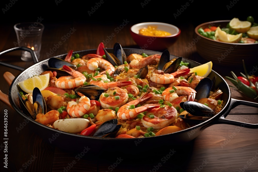 Authentic Seafood Paella with Shrimp, Mussels, and Clams Served in a Traditional Pan Authentic Seafood Paella with Shrimp, Mussels, and Clams Served in a Traditional Pan