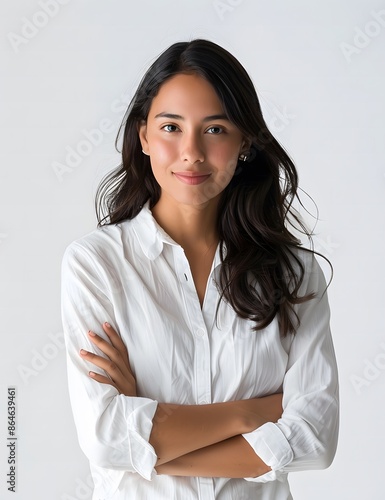 Smiling Latina Woman in Casual Pose on White Background