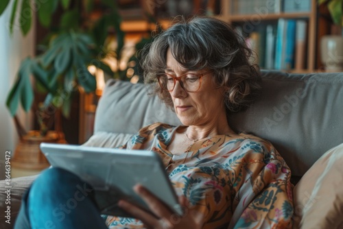 A woman sits on a couch, engrossed in her tablet computer