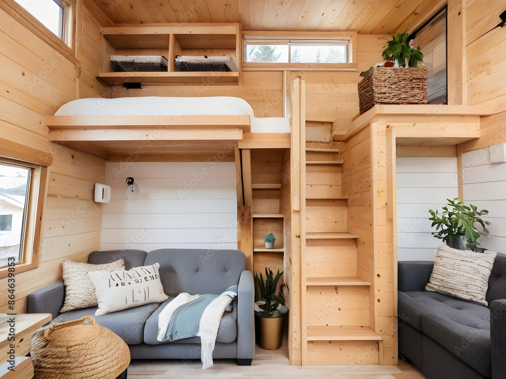 Fototapeta premium Tiny House Living Room with Couch and Stairs Design