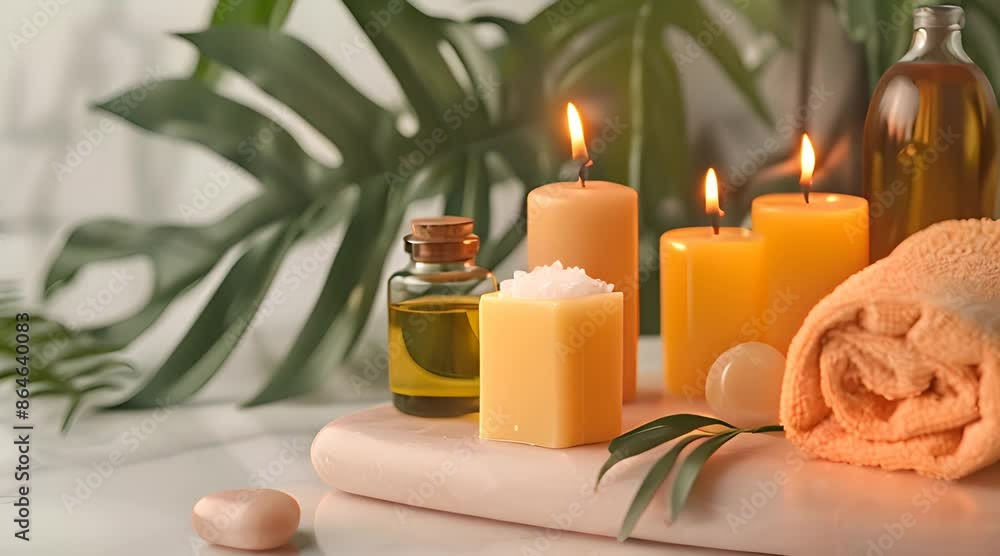 Towel on fern with candles and black hot stone on wooden background