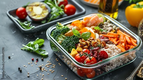 Healthy Lunch in Glass Container with Colorful Vegetables photo