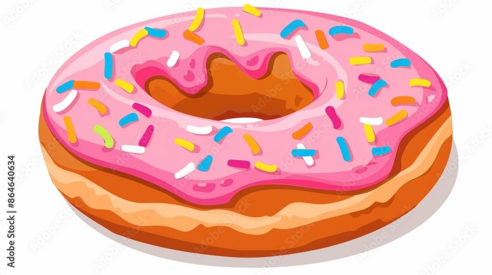 A close-up shot of a pink glazed donut with colorful sprinkles, white background A close-up shot of a pink glazed donut with colorful sprinkles, white background