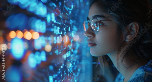 Woman Wearing Glasses Looking at a Computer Screen Filled With Blue Data