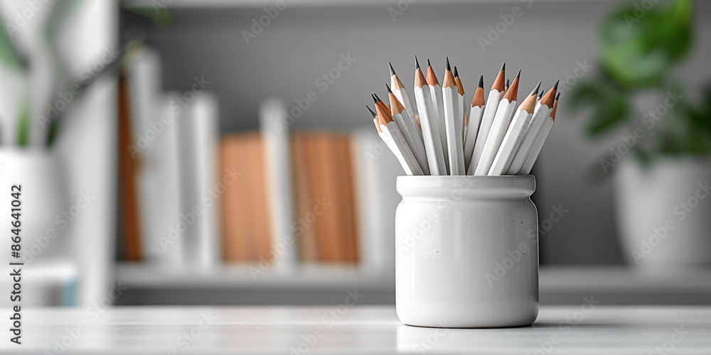 Minimalistic banner with A home office, white ceramic holder filled with sharpened pencils, and white modern office in background. books on a modern office shelf, back to school or academic setting. Minimalistic banner with A home office, white ceramic holder filled with sharpened pencils, and white modern office in background. books on a modern office shelf, back to school or academic setting.